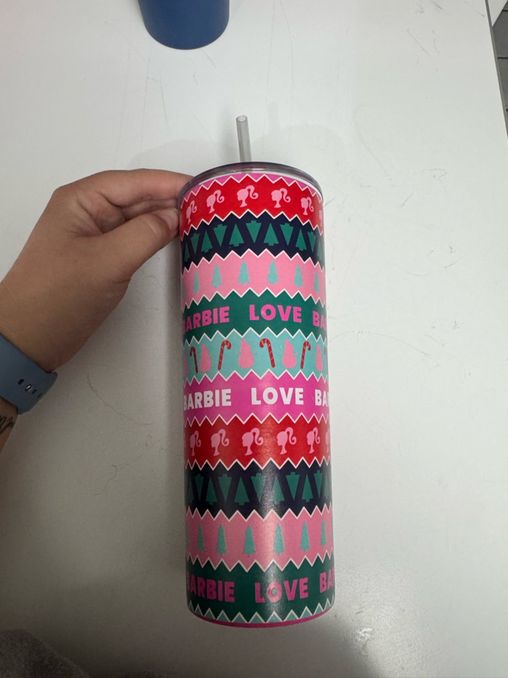 Barbie Christmas Pink Teal Red Patterned Tumbler